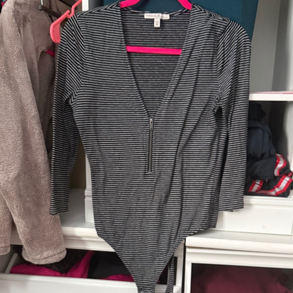 Express black and white striped zip up bodysuit medium
